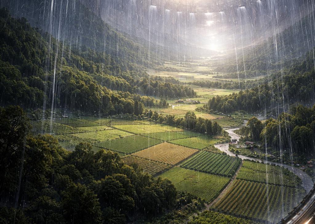 Fields and woodland curving upwards inside cylinder space habitat. The rain is falling.